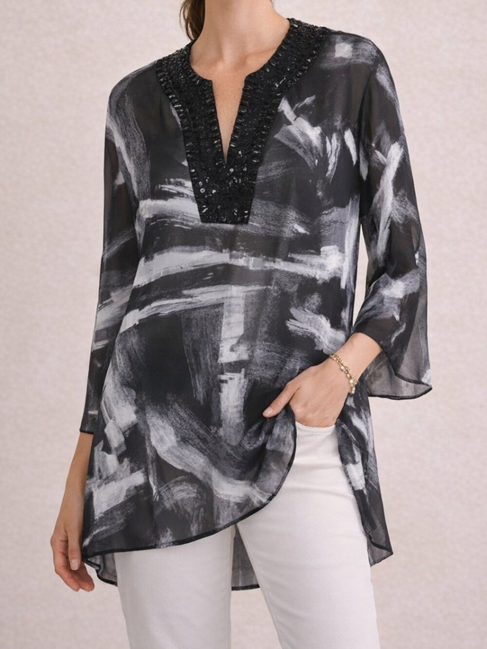 Chico's Black‎ White Silk Tunic Beaded Neckline Luxe Boho Minimalist Size 2